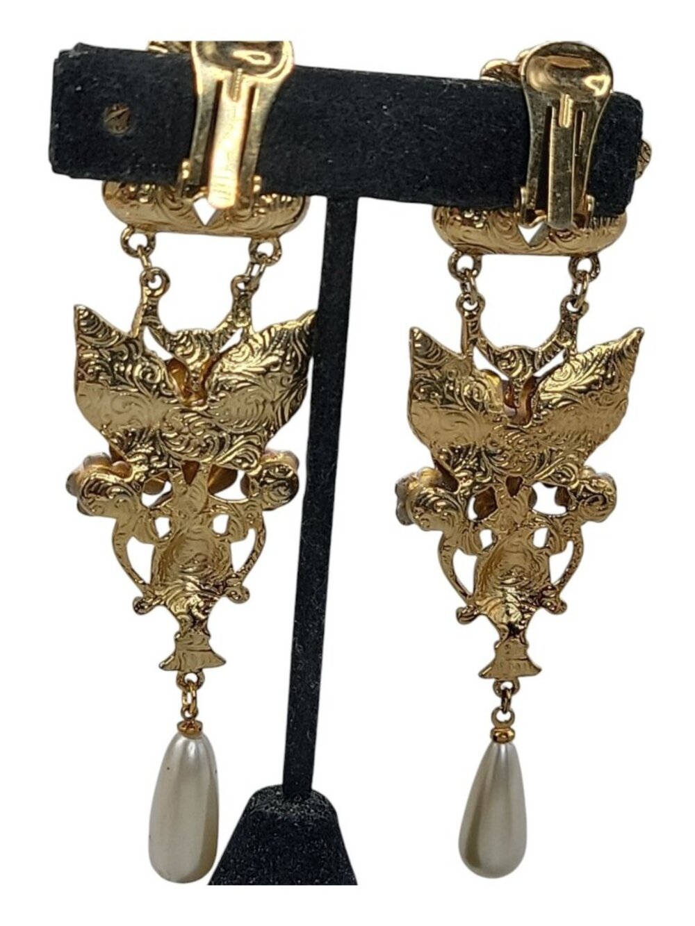 1928 Floral Dangling Statement Earrings Gold Plated Faux Pearl Rhinestones VTG - Picture 15 of 16